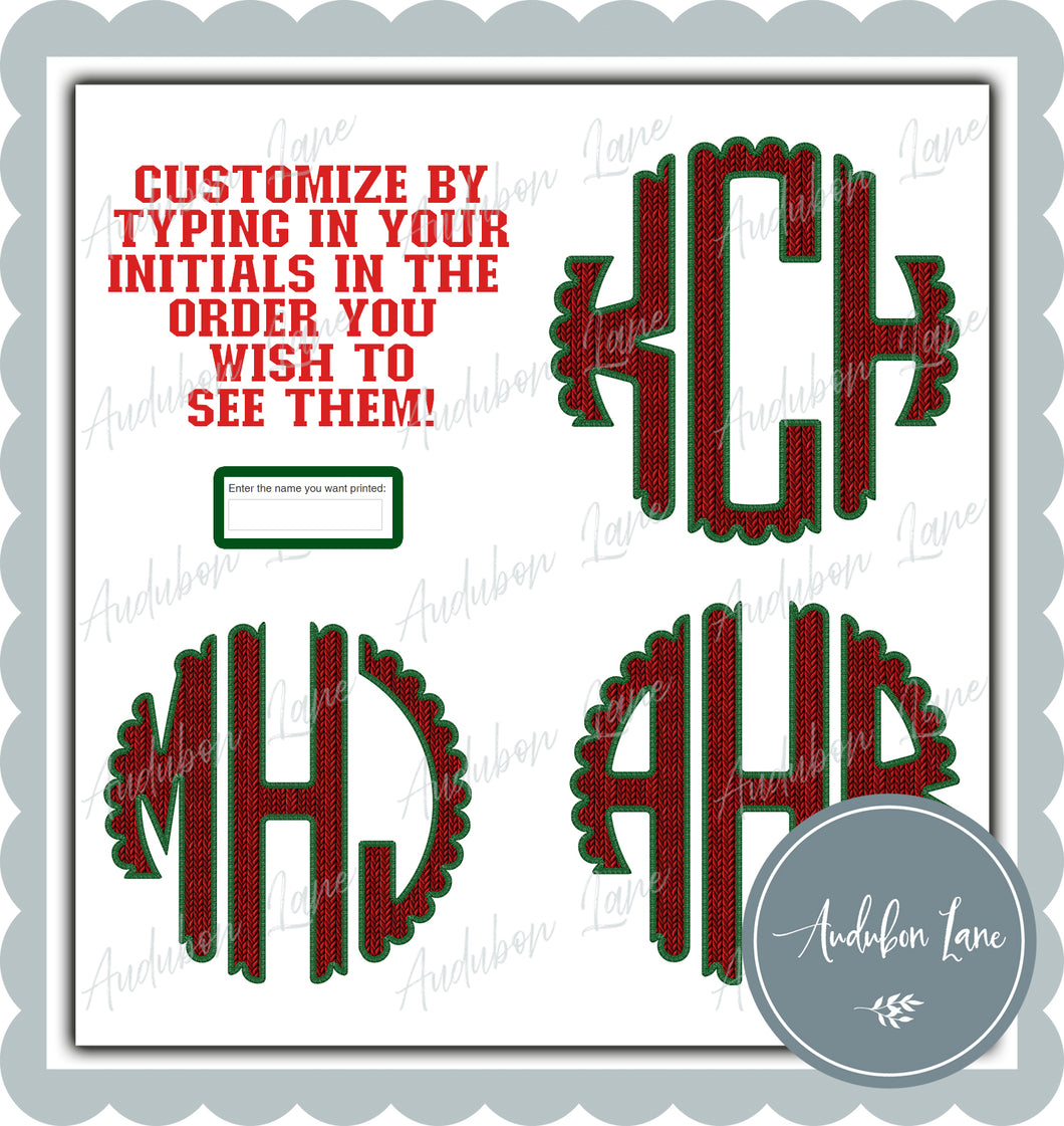 Customized Red Faux Knit And Green Embroidery Scalloped Initials Print Ready To Press DTF Transfer Customs Available