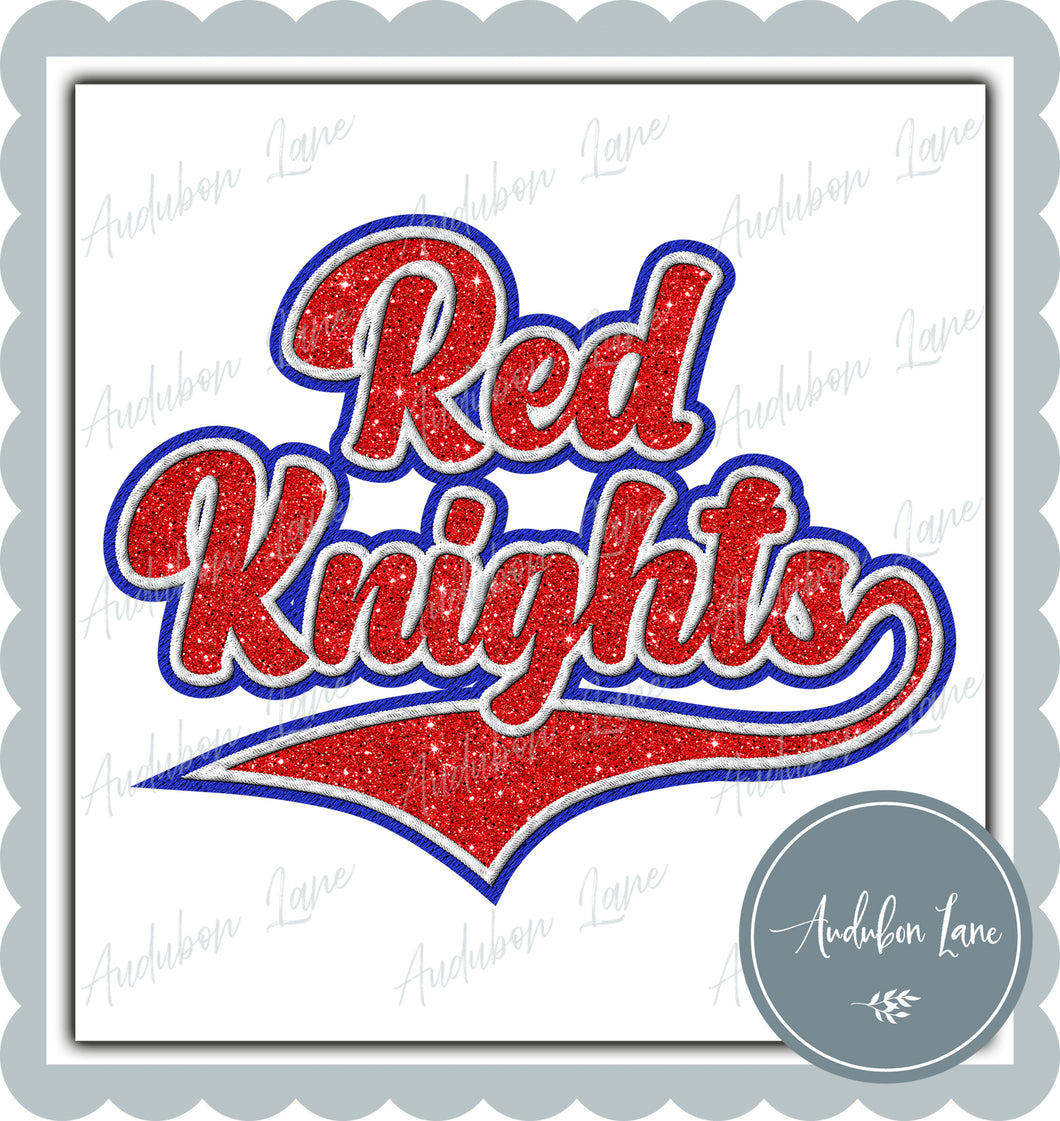 Red Knights Faux Embroidery Patch Faux Red Glitter and White and Blue Ready To Press DTF Transfer Custom Colors Available On Request