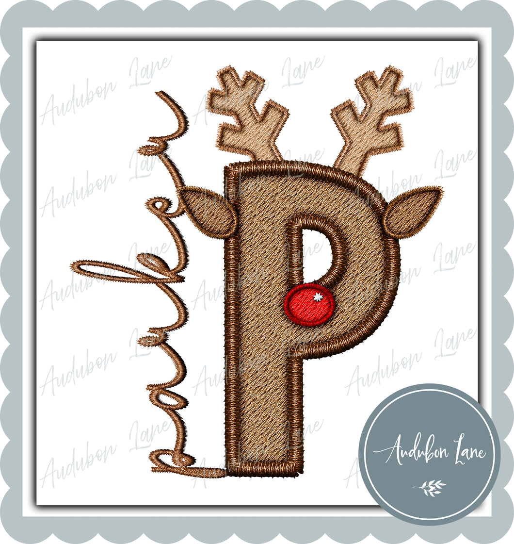 Personalized Christmas Reindeer Faux Embroidery Initial with Faux Embroidery Script Name Print Ready To Press DTF Transfer Custom Requests Available