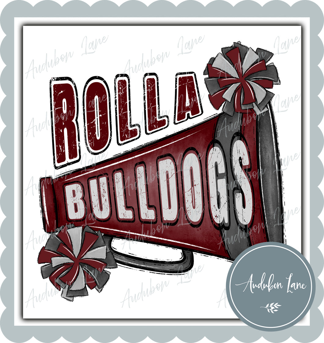 Rolla Bulldogs Grey and Maroon Megaphone and Pom with Mascot Print Ready To Press DTF Transfer Custom Colors Available On Request