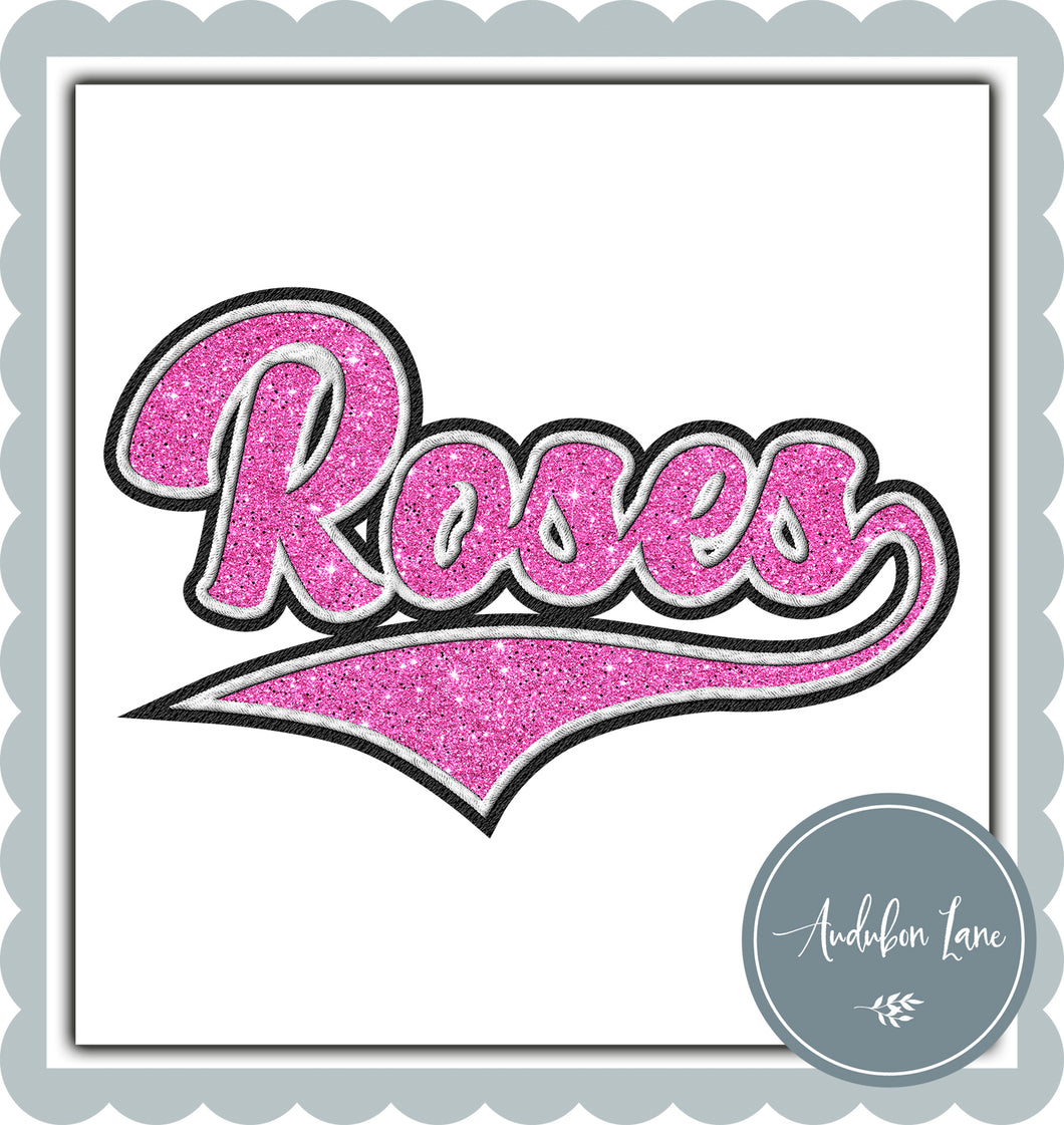 Roses Faux Embroidery Patch Faux Bubblegum Glitter and White and Black Ready To Press DTF Transfer Custom Colors Available On Request