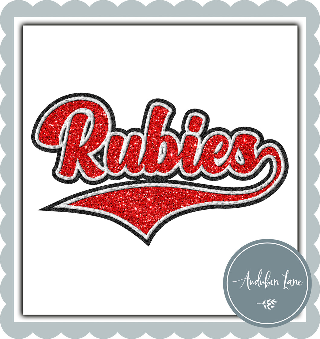 Rubies Faux Embroidery Patch Faux Red Glitter and White and Black Ready To Press DTF Transfer Custom Colors Available On Request