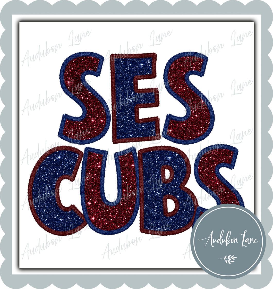SES Cubs Stacked Faux Glitter and Embroidery Navy and Maroon Plain Ready To Press DTF Transfer Custom Colors Available On Request