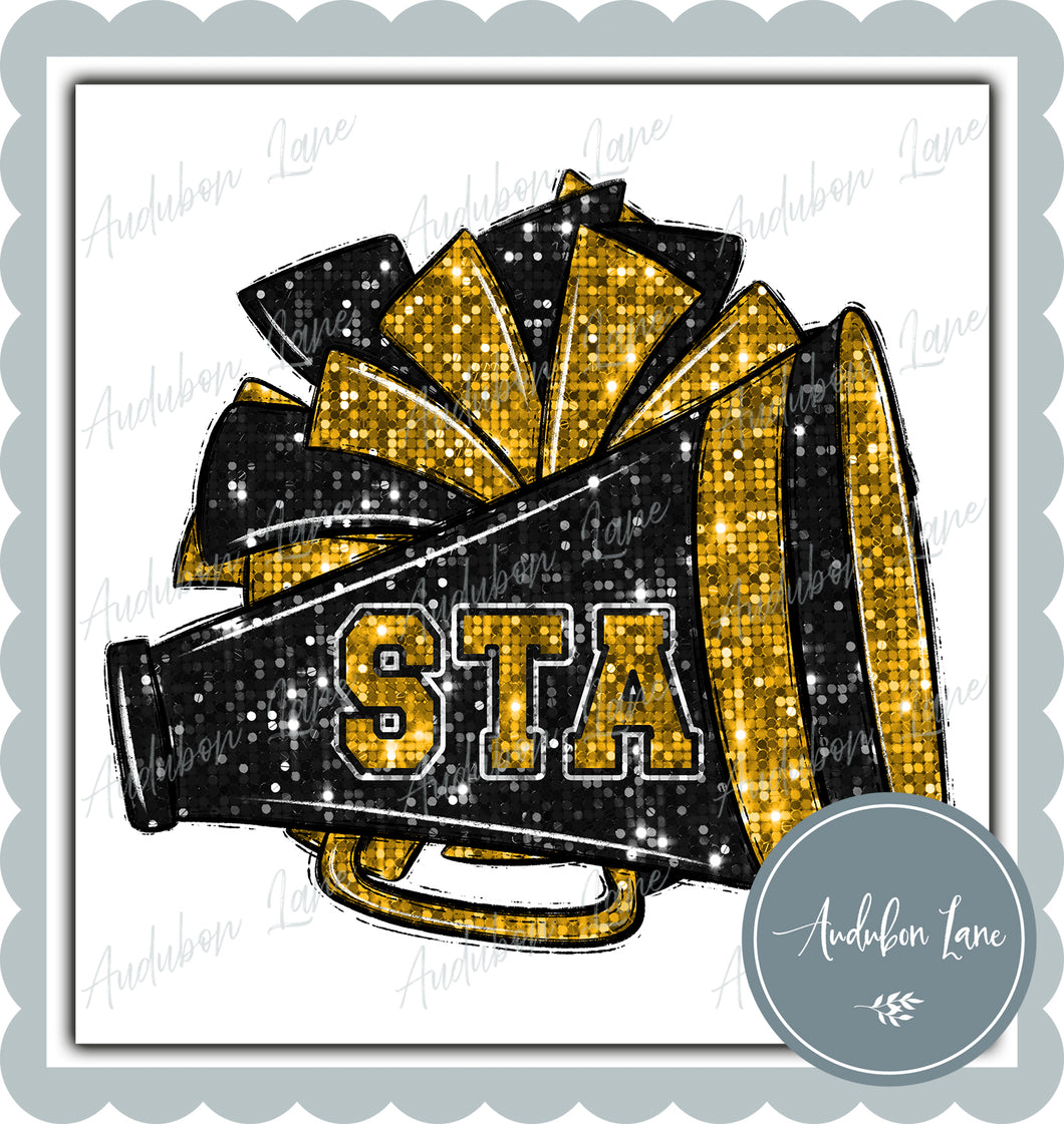 STA Black and Gold Faux Sequin Megaphone and Pom with Mascot Print Ready To Press DTF Transfer Custom Colors Available On Request