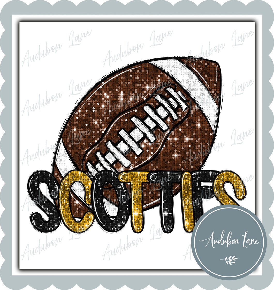 Scotties Black and Gold Faux Sequin Football with Mascot Print Ready To Press DTF Transfer Custom Colors Available On Request