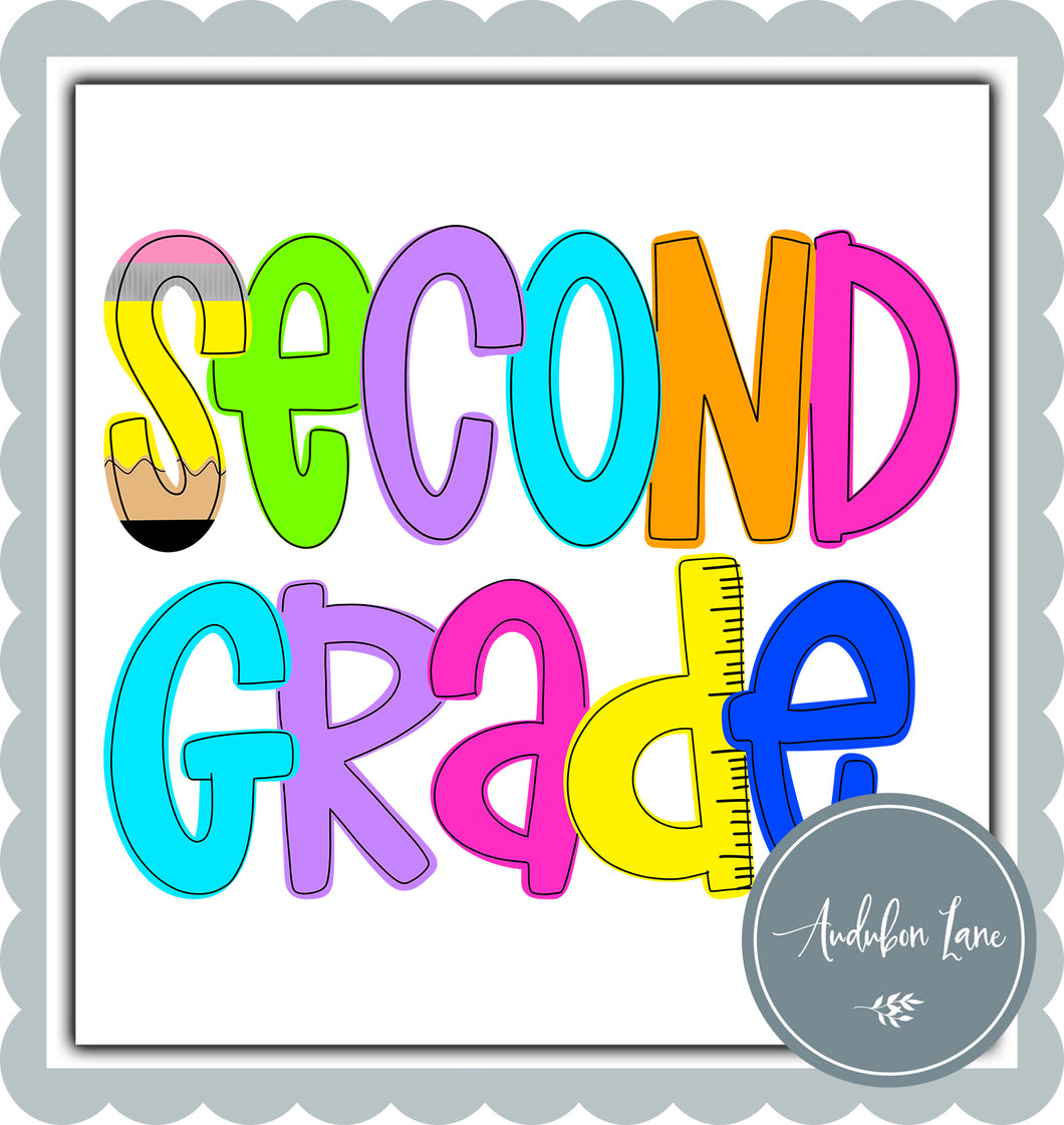 Second Grade Bright School Shape Letters Ready to Press DTF Transfer Custom Names Available On Request