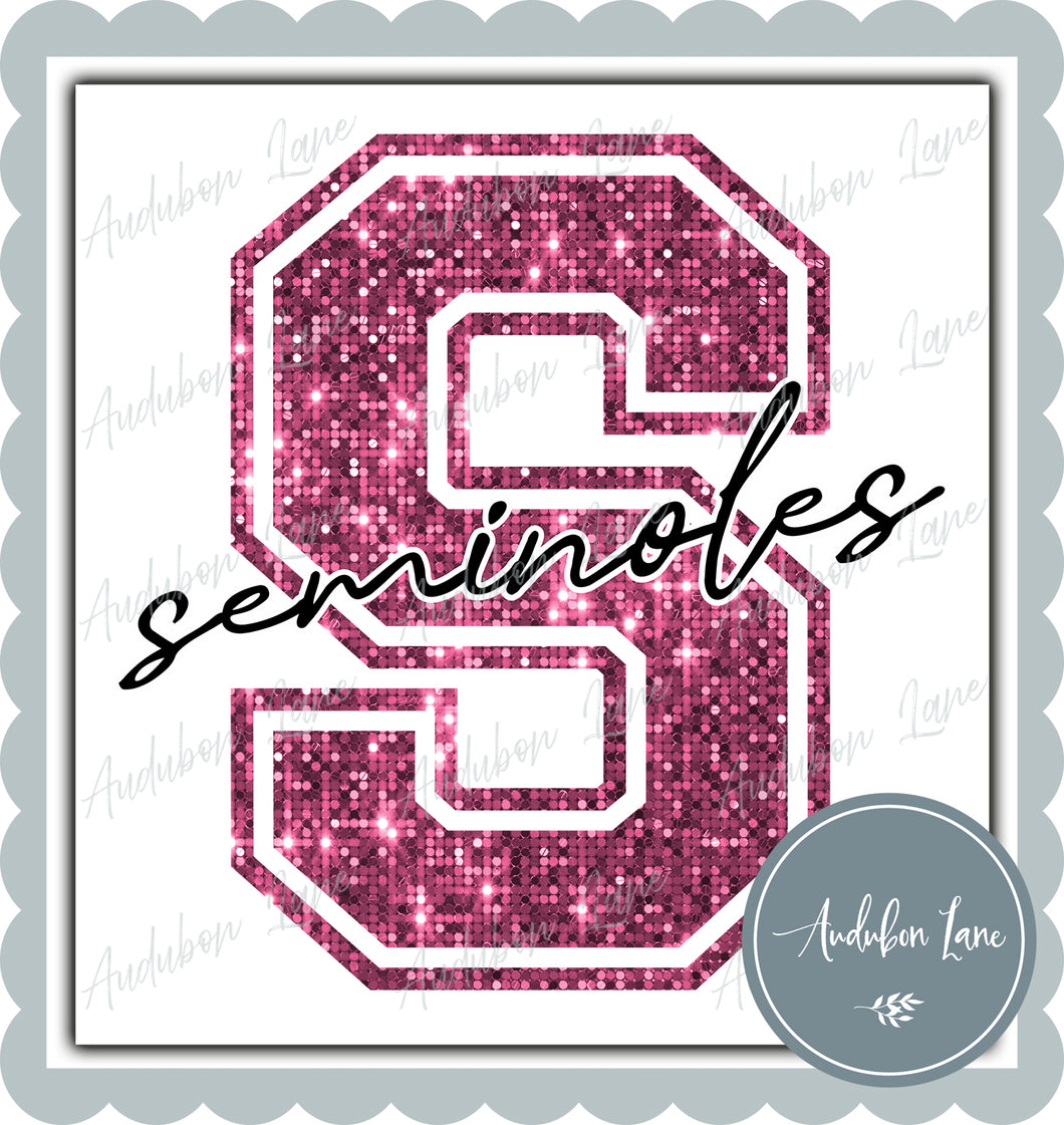 Seminoles Breast Cancer Awareness Faux Pink Sequin Mascot Letter Ready to Press DTF Transfer Customs Available On Request
