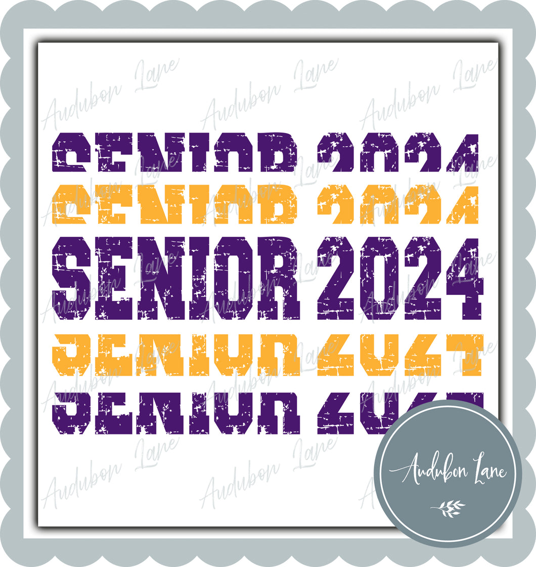 Senior 2024 Stacked Pro Distressed Two Color Purple and Yellow Gold Ready To Press DTF Transfer Custom Colors Available On Request