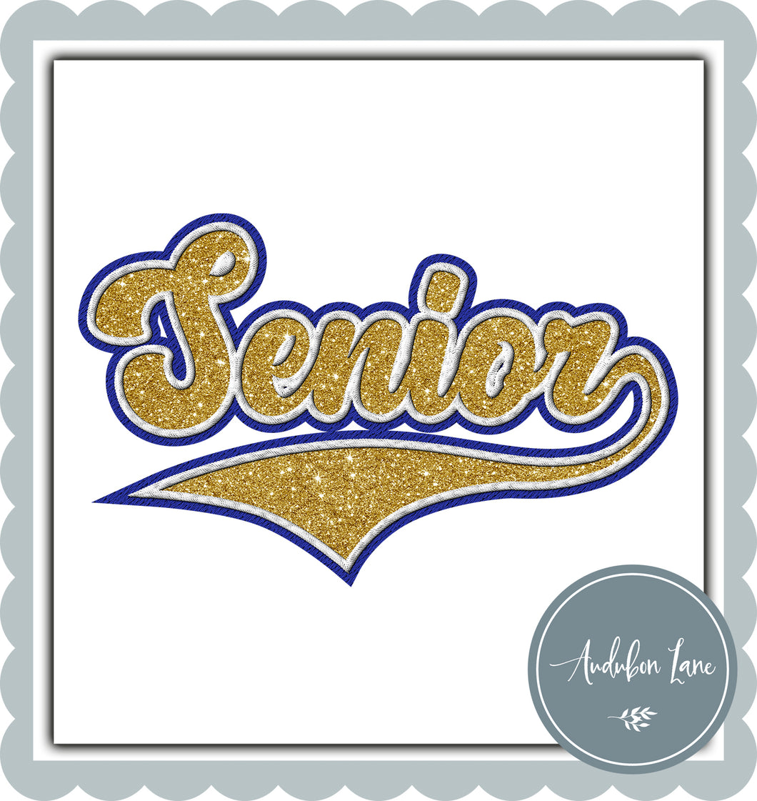Senior Faux Yellow Glitter and White and Royal Blue Embroidery