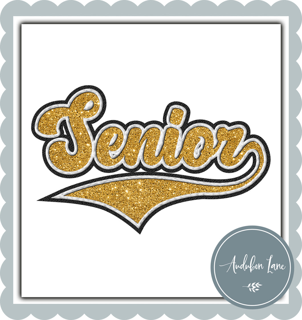 Senior Faux Yellow Gold Glitter and White and Black Embroidery