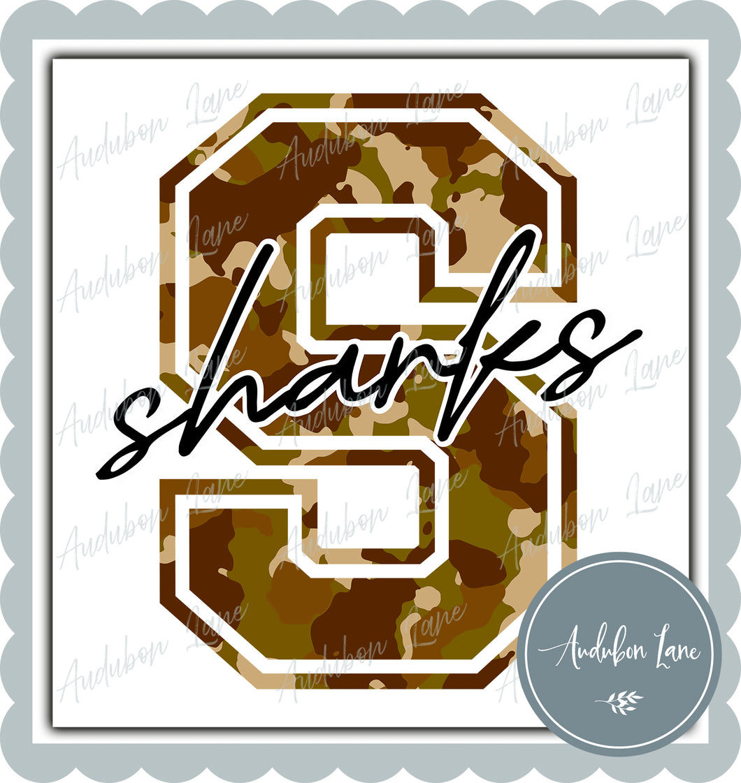 Sharks Old School Camo Mascot Letter Ready to Press DTF Transfer Customs Available On Request