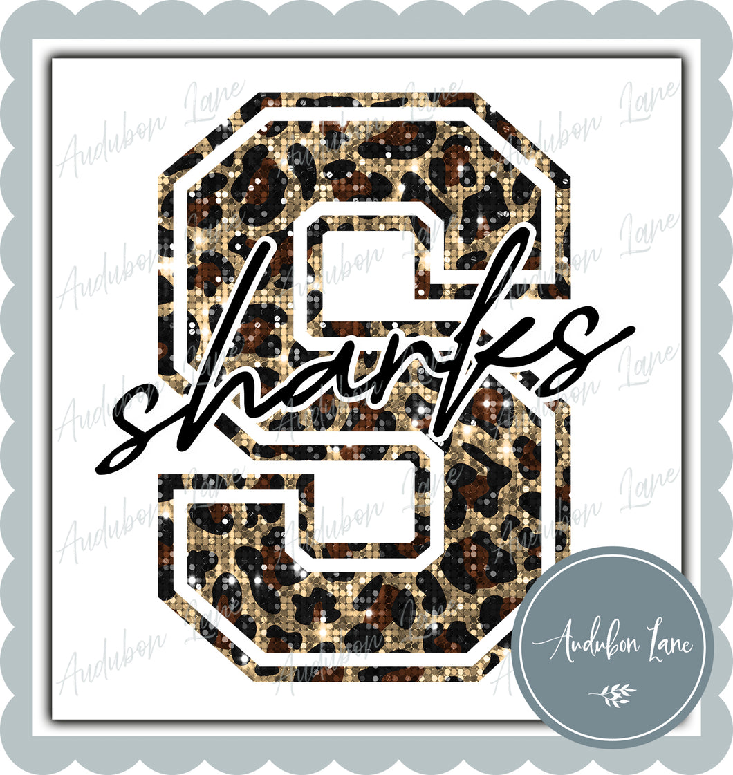 Sharks Sequin Leopard Mascot Letter Ready to Press DTF Transfer Customs Available On Request