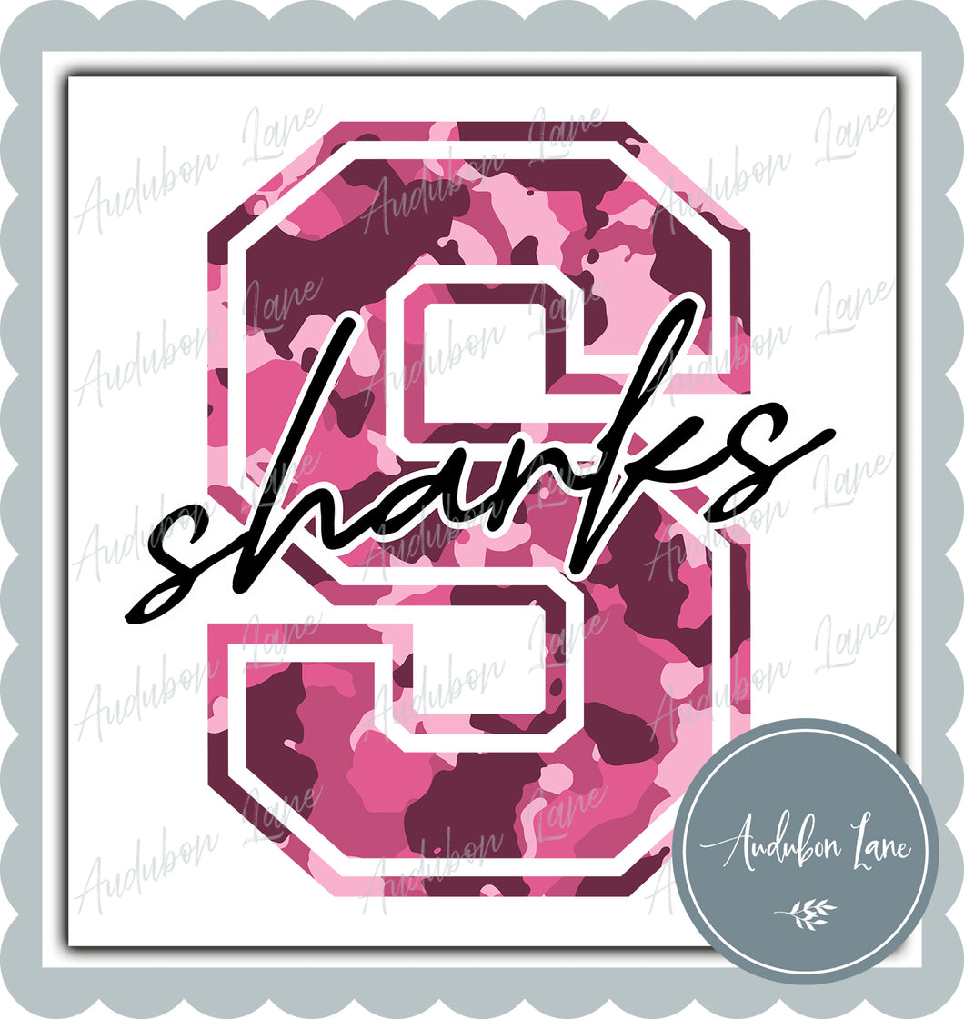 Sharks Breast Cancer Awareness Pink Camo Mascot Letter Ready to Press DTF Transfer Customs Available On Request