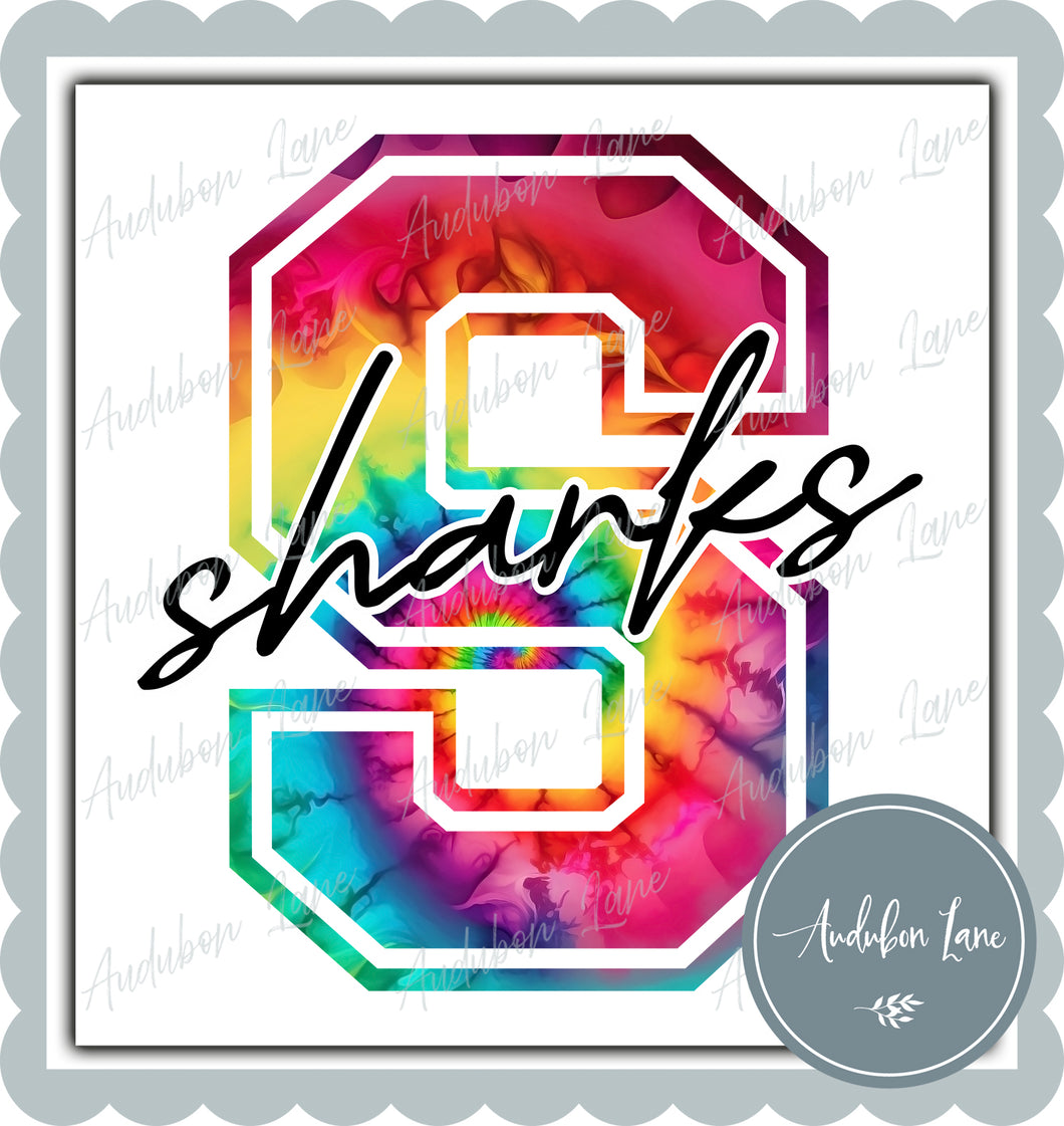 Sharks Rainbow Tie Dye Mascot Letter Ready to Press DTF Transfer Customs Available On Request