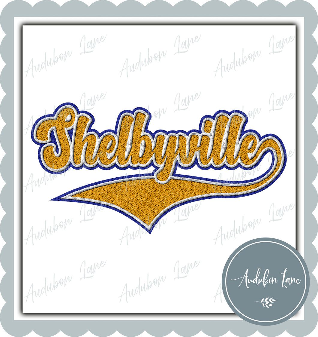 Shelbyville Faux Embroidery Patch Faux Yellow Gold and White and Royal Blue Ready To Press DTF Transfer Custom Colors Available On Request