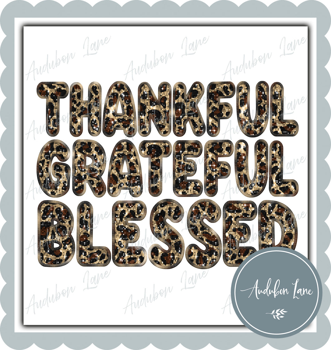 Thankful Grateful Blessed Sequin Leopard Letters Ready to Press DTF Transfer