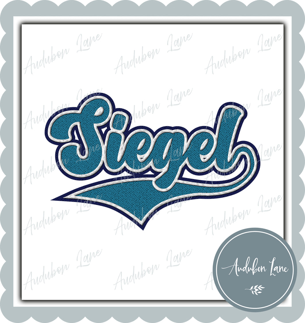 Siegel Faux Embroidery Patch Faux Teal and White and Navy Ready To Press DTF Transfer Custom Colors Available On Request