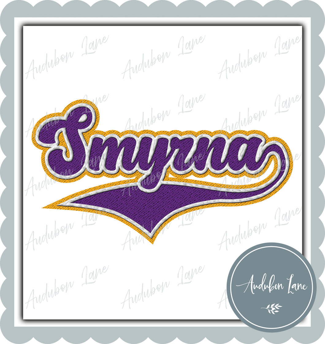 Smyrna Faux Embroidery Patch Faux Purple and White and Yellow Gold Ready To Press DTF Transfer Custom Colors Available On Request