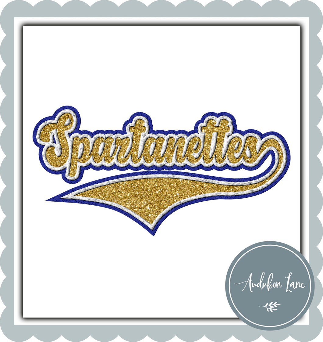 Spartanettes Faux Yellow Glitter and White and Royal Blue Embroidery