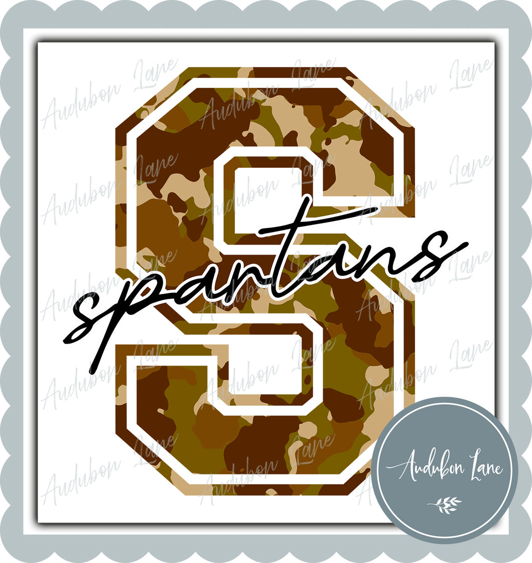 Spartans Old School Camo Mascot Letter Ready to Press DTF Transfer Customs Available On Request