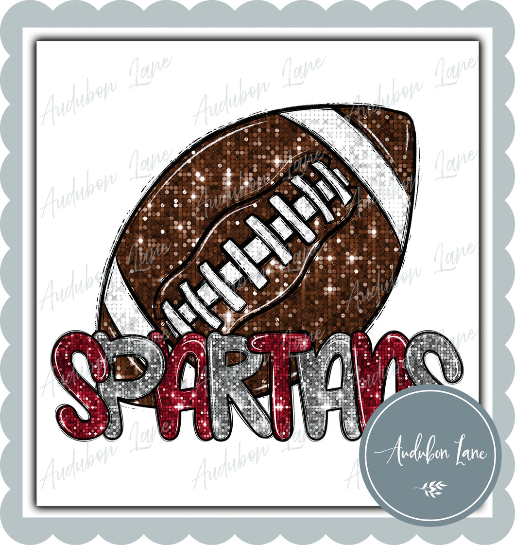 Spartans Maroon and Silver Faux Sequin Football with Mascot Print Ready To Press DTF Transfer Custom Colors Available On Request