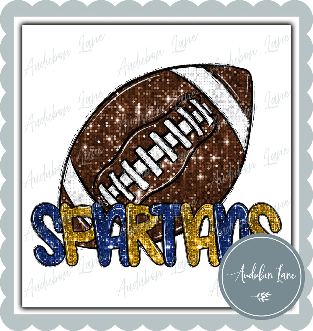 Spartans Royal and Gold Faux Sequin Football with Mascot Print Ready To Press DTF Transfer Custom Colors Available On Request