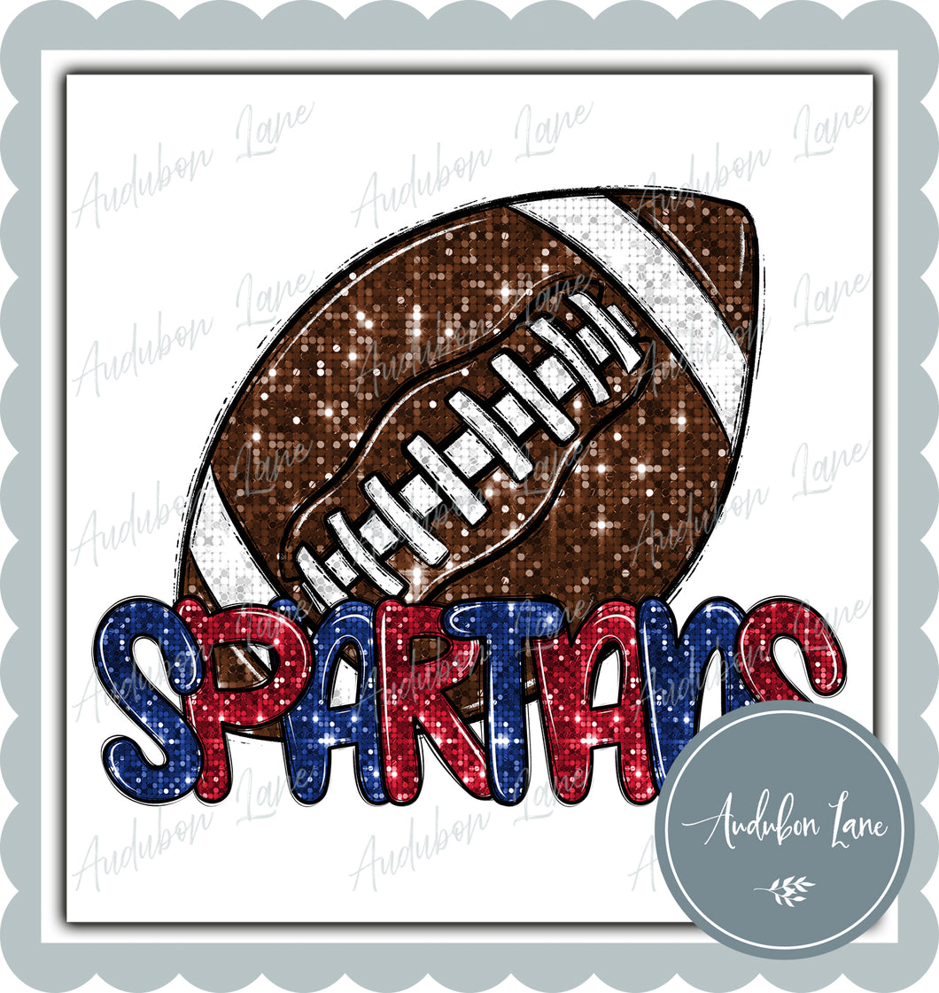 Spartans Red and Royal Faux Sequin Football with Mascot Print Ready To Press DTF Transfer Custom Colors Available On Request