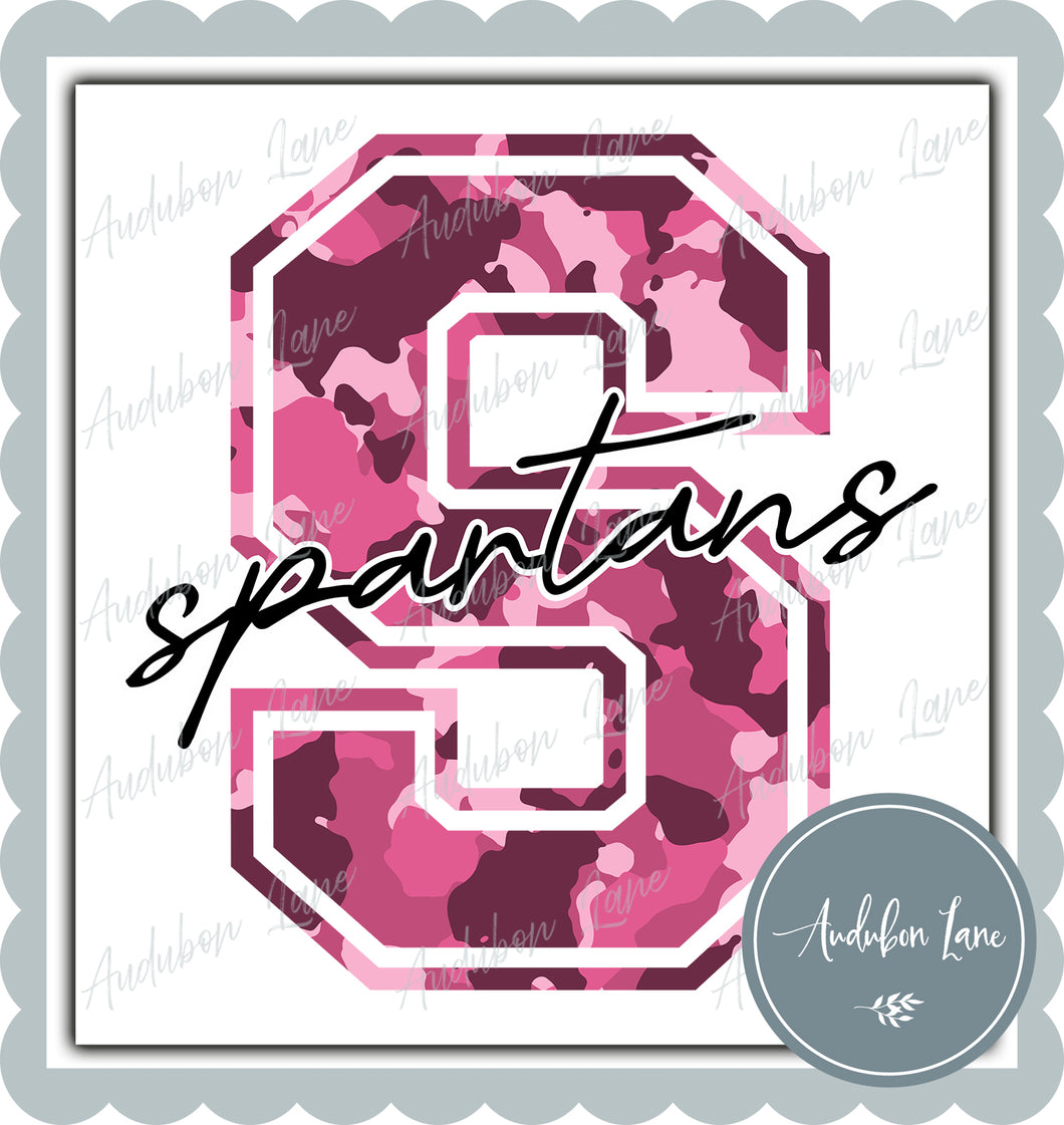 Spartans Breast Cancer Awareness Pink Camo Mascot Letter Ready to Press DTF Transfer Customs Available On Request