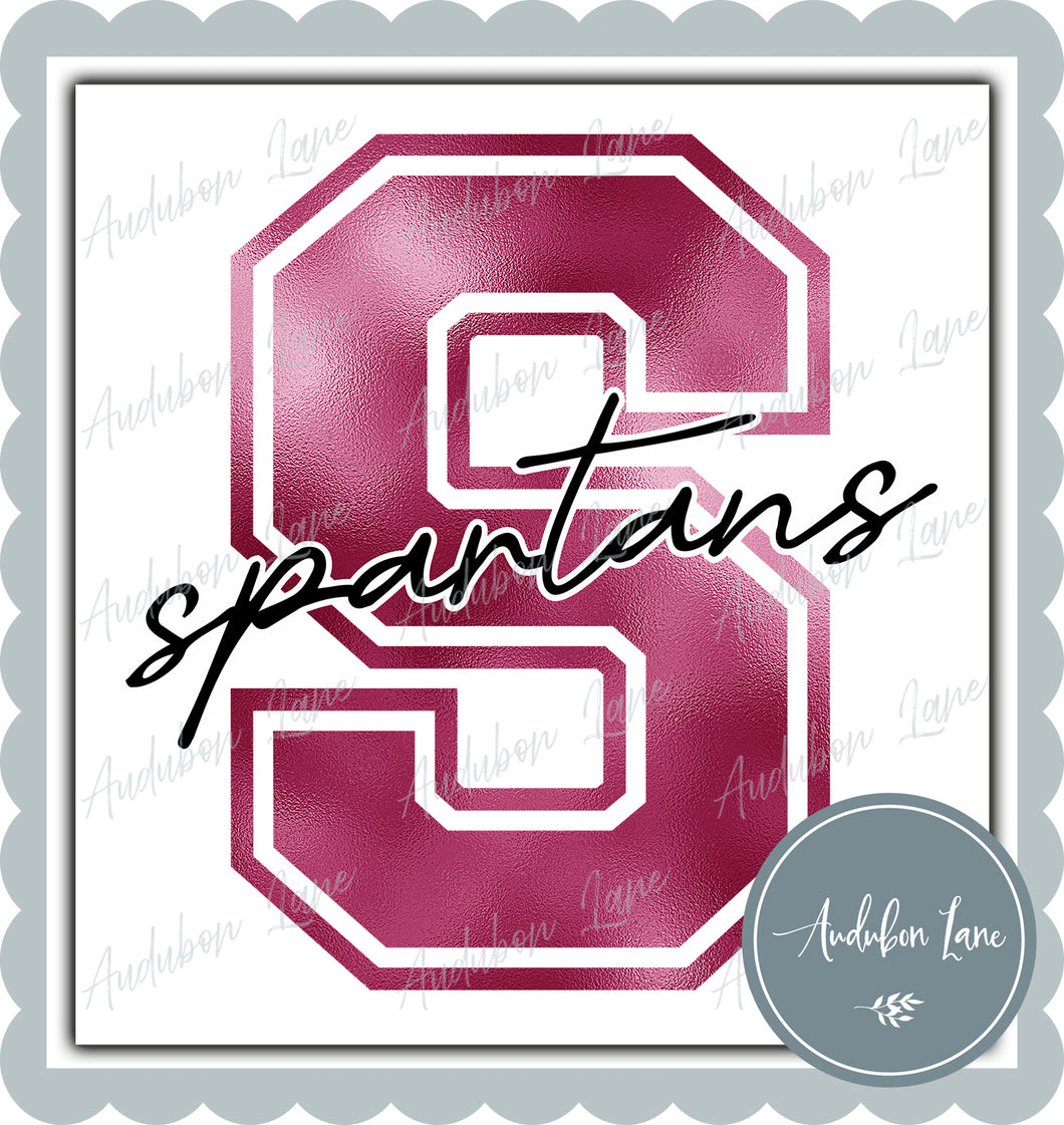 Spartans Breast Cancer Awareness Faux Metallic Pink Foil Mascot Letter Ready to Press DTF Transfer Customs Available On Request