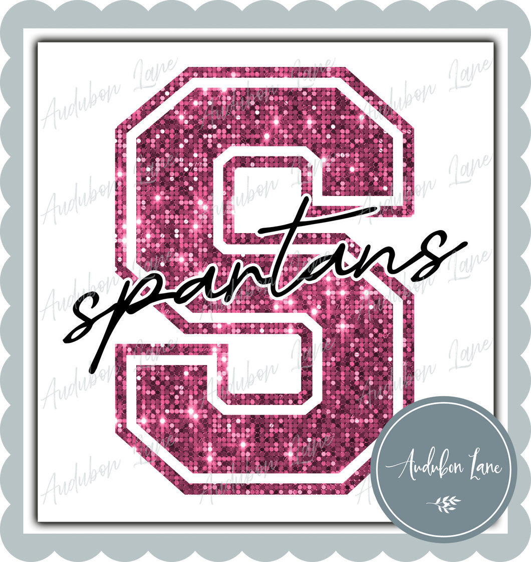 Spartans Breast Cancer Awareness Faux Pink Sequin Mascot Letter Ready to Press DTF Transfer Customs Available On Request
