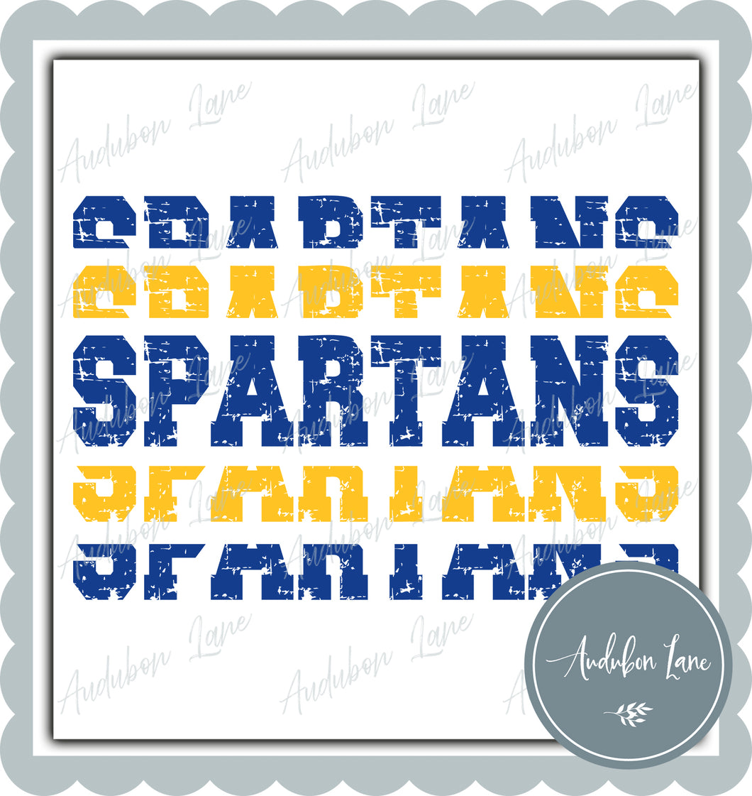 Spartans Stacked Pro Distressed Two Color Royal Blue and Yellow Ready To Press DTF Transfer Custom Colors Available On Request