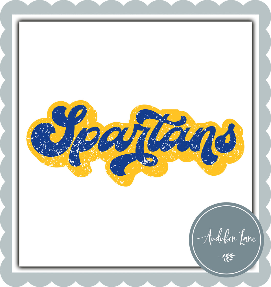Spartans Retro Distressed Royal Blue and Yellow Print Ready To Press DTF Transfer Custom Colors Available On Request