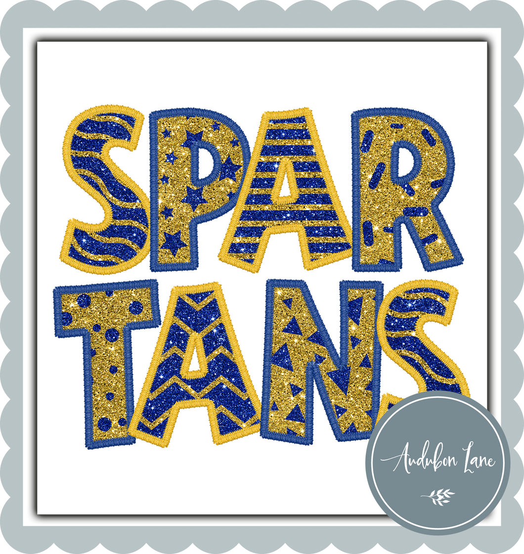 Spartans Stacked Faux Glitter and Embroidery Royal Blue and Yellow Shapes Ready To Press DTF Transfer Custom Colors Available On Request