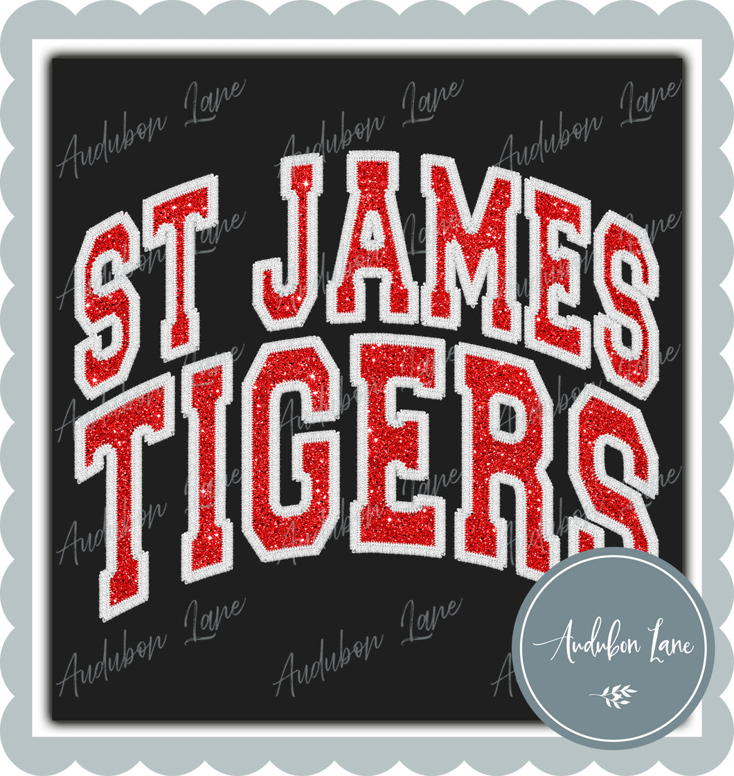 St James Tigers Faux White Arched Embroidery With Red Glitter Ready To Press DTF Transfer Custom Colors Available On Request