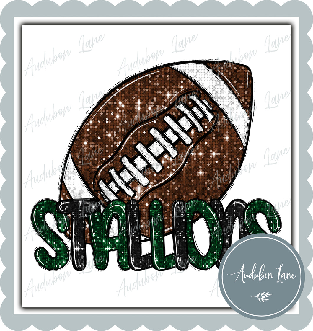 Stallions Black and Dk Green Faux Sequin Football with Mascot Print Ready To Press DTF Transfer Custom Colors Available On Request