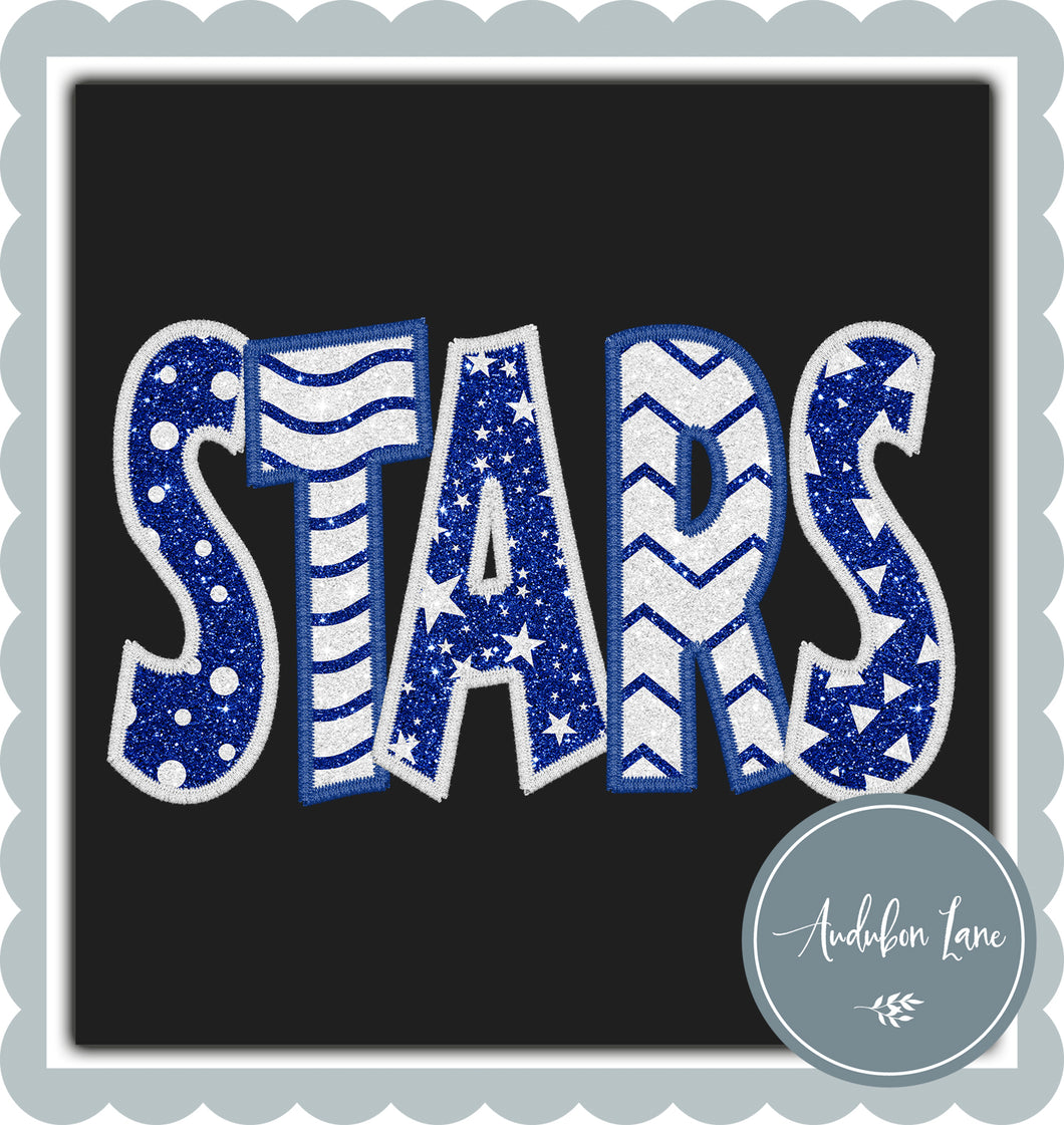 Stars Faux Royal Blue and White Glitter Shapes Straight Across Embroidery