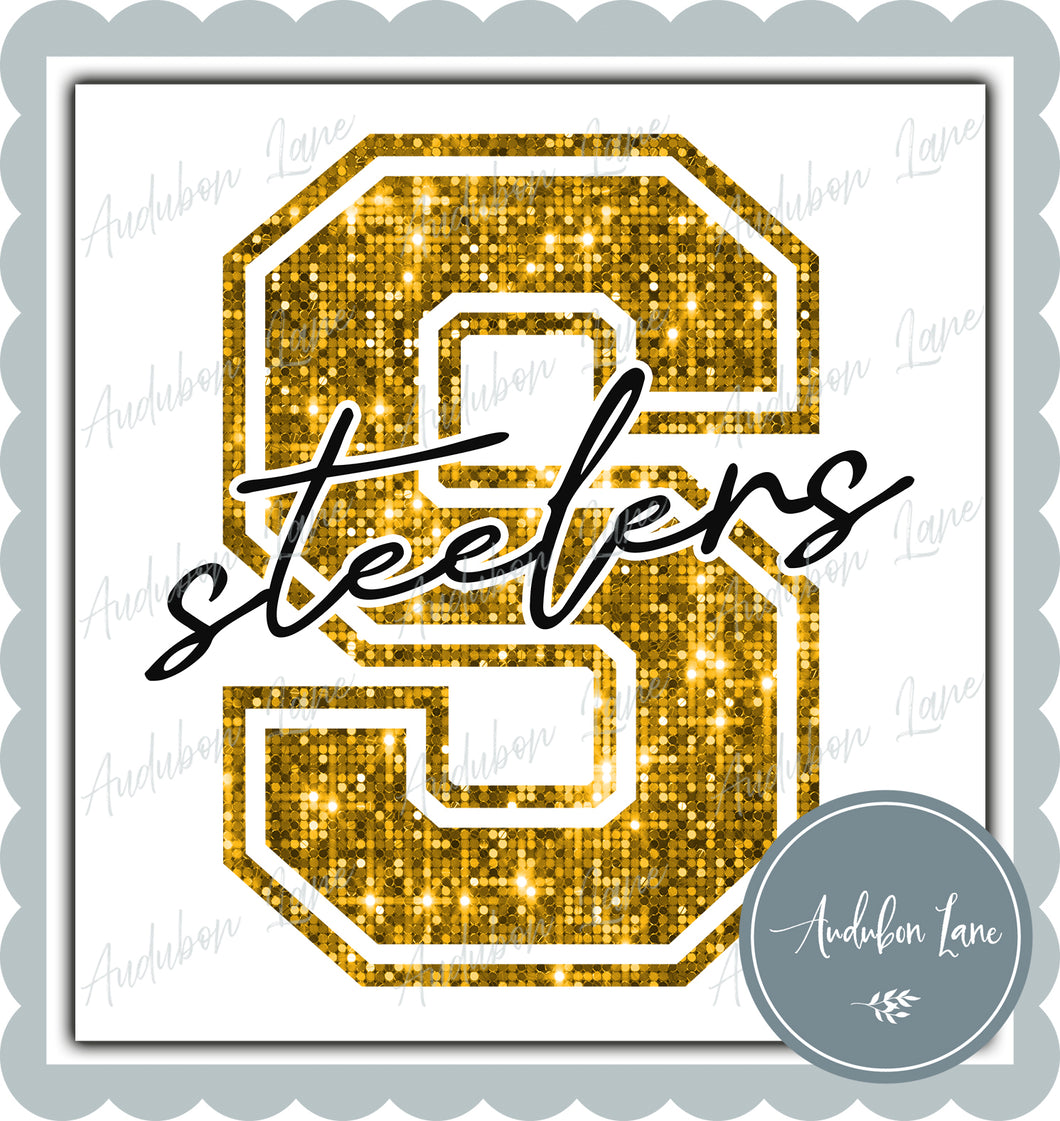 Steelers Yellow Gold Sequin Mascot Letter Ready to Press DTF Transfer Customs Available On Request