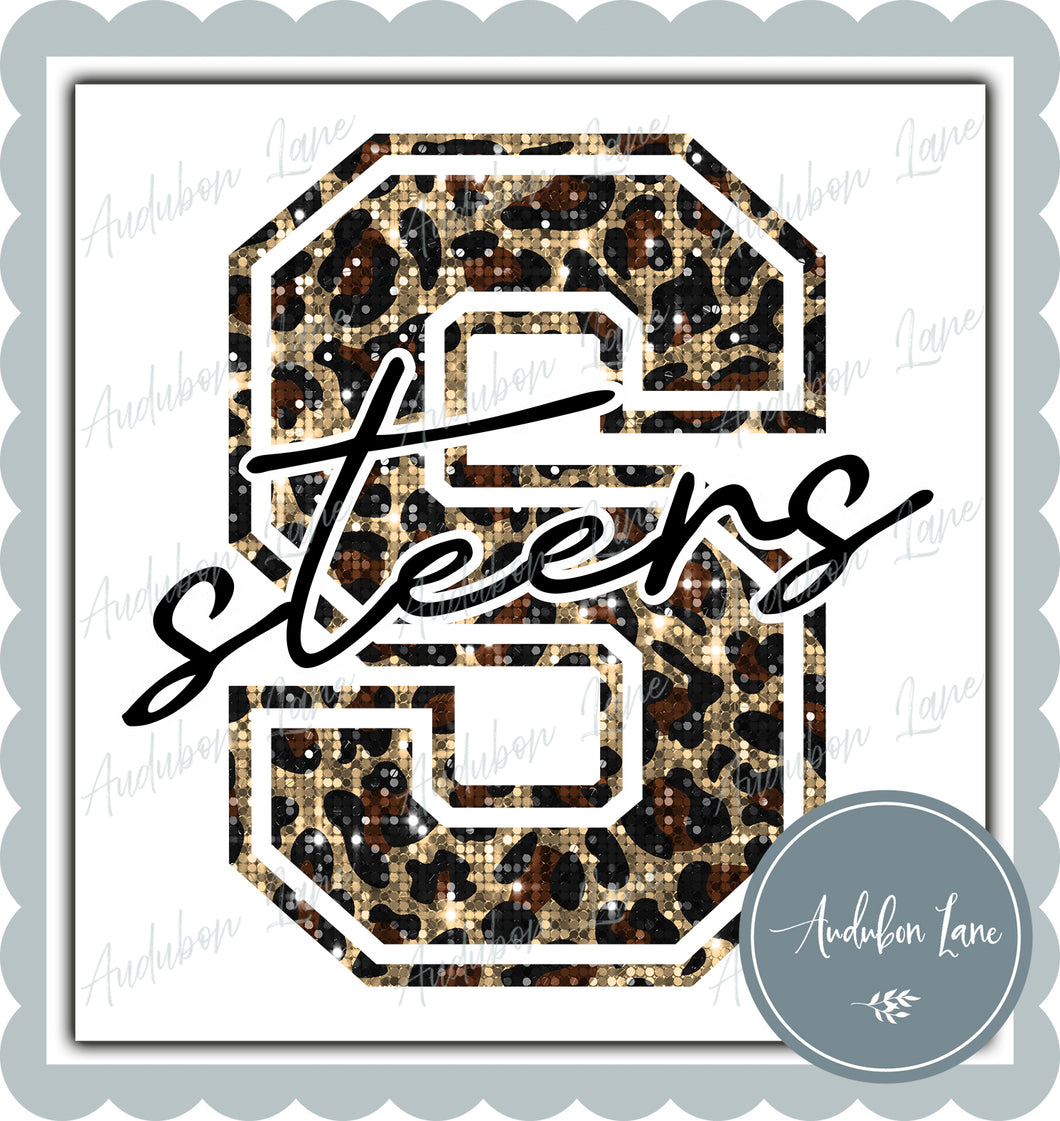 Steers Sequin Leopard Mascot Letter Ready to Press DTF Transfer Customs Available On Request
