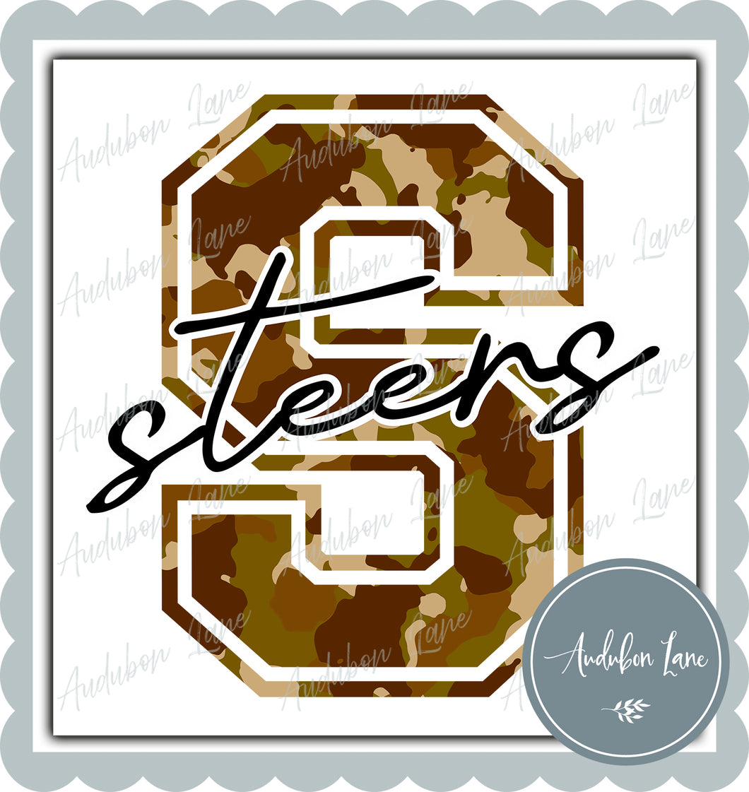 Steers Old School Camo Mascot Letter Ready to Press DTF Transfer Customs Available On Request