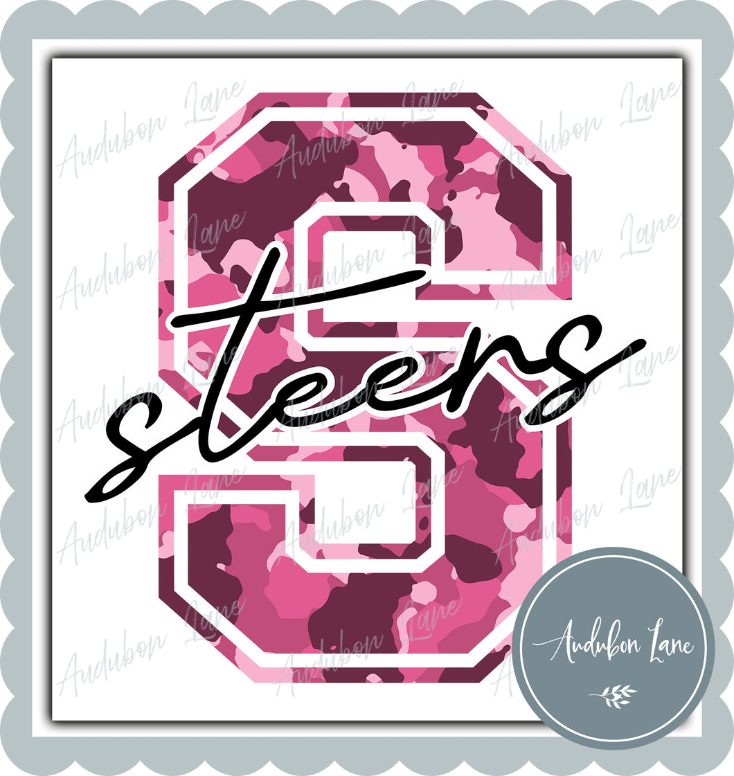 Steers Breast Cancer Awareness Pink Camo Mascot Letter Ready to Press DTF Transfer Customs Available On Request