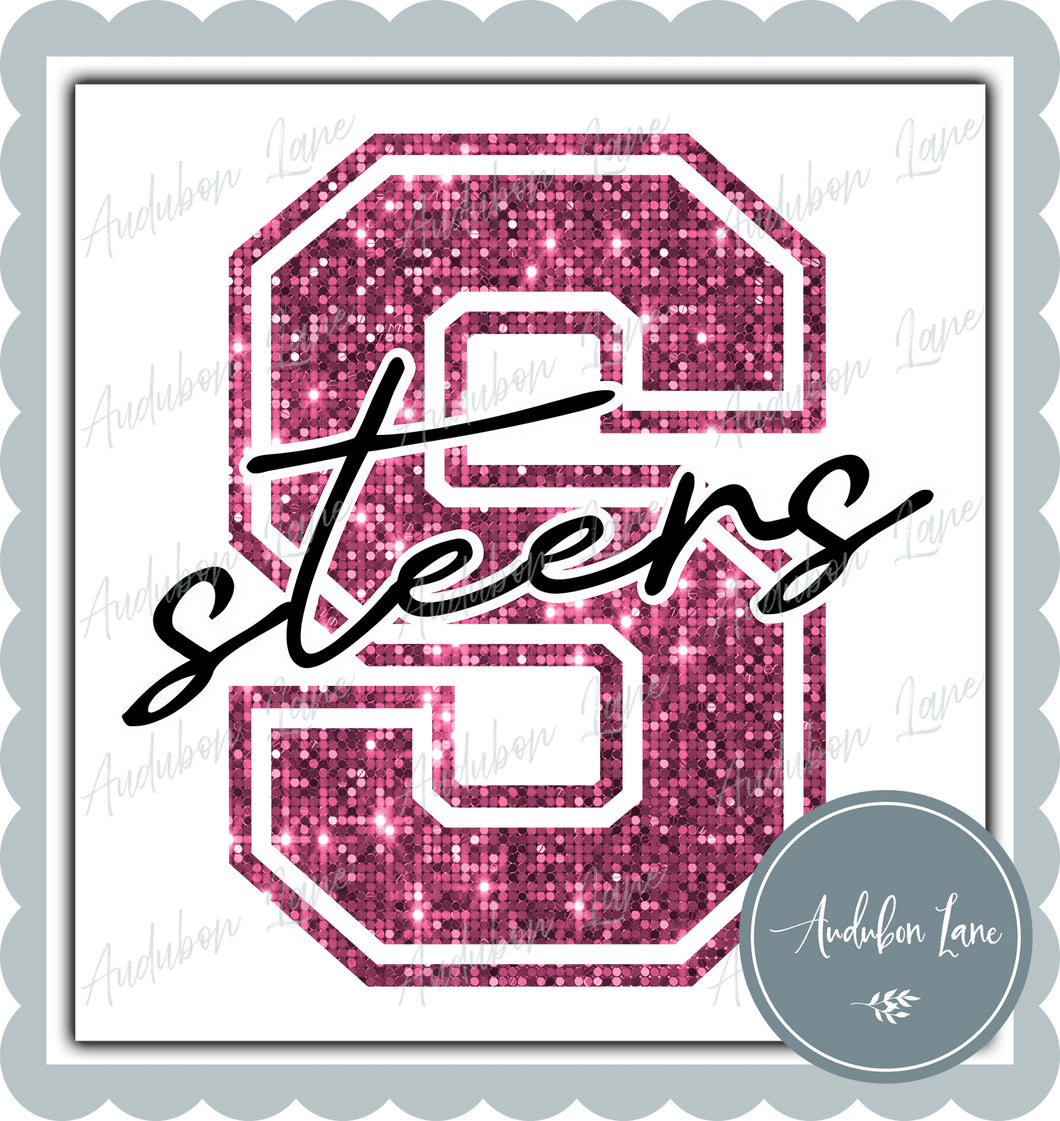 Steers Breast Cancer Awareness Faux Pink Sequin Mascot Letter Ready to Press DTF Transfer Customs Available On Request