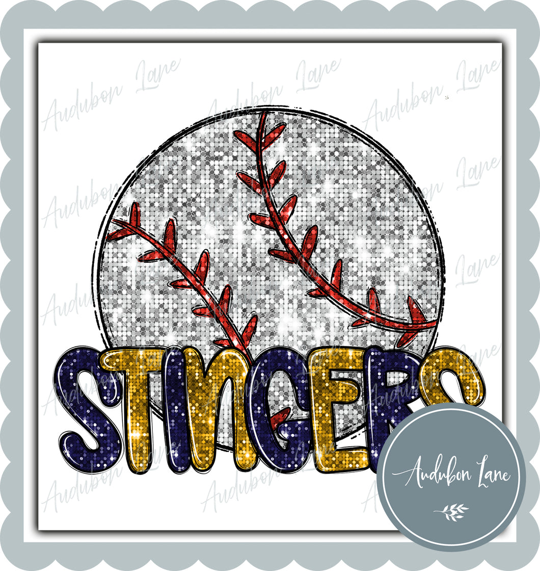 Stingers Navy and Gold Faux Sequin Baseball with Mascot Print Ready To Press DTF Transfer Custom Colors Available On Request