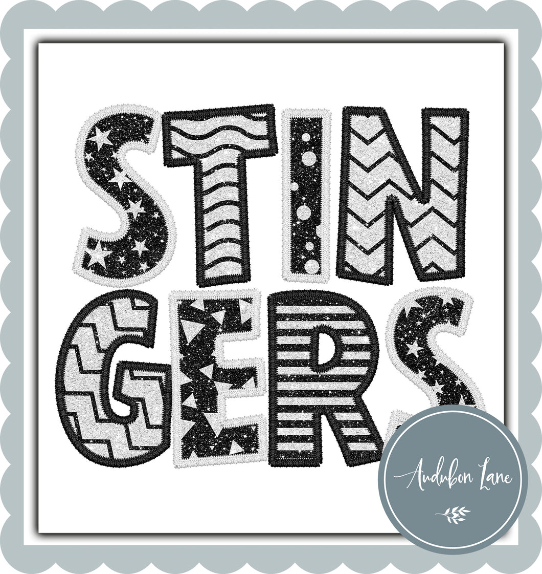 Stingers Stacked Faux Glitter and Embroidery Black and White