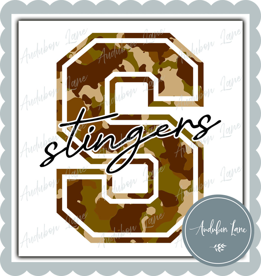 Stingers Old School Camo Mascot Letter Ready to Press DTF Transfer Customs Available On Request