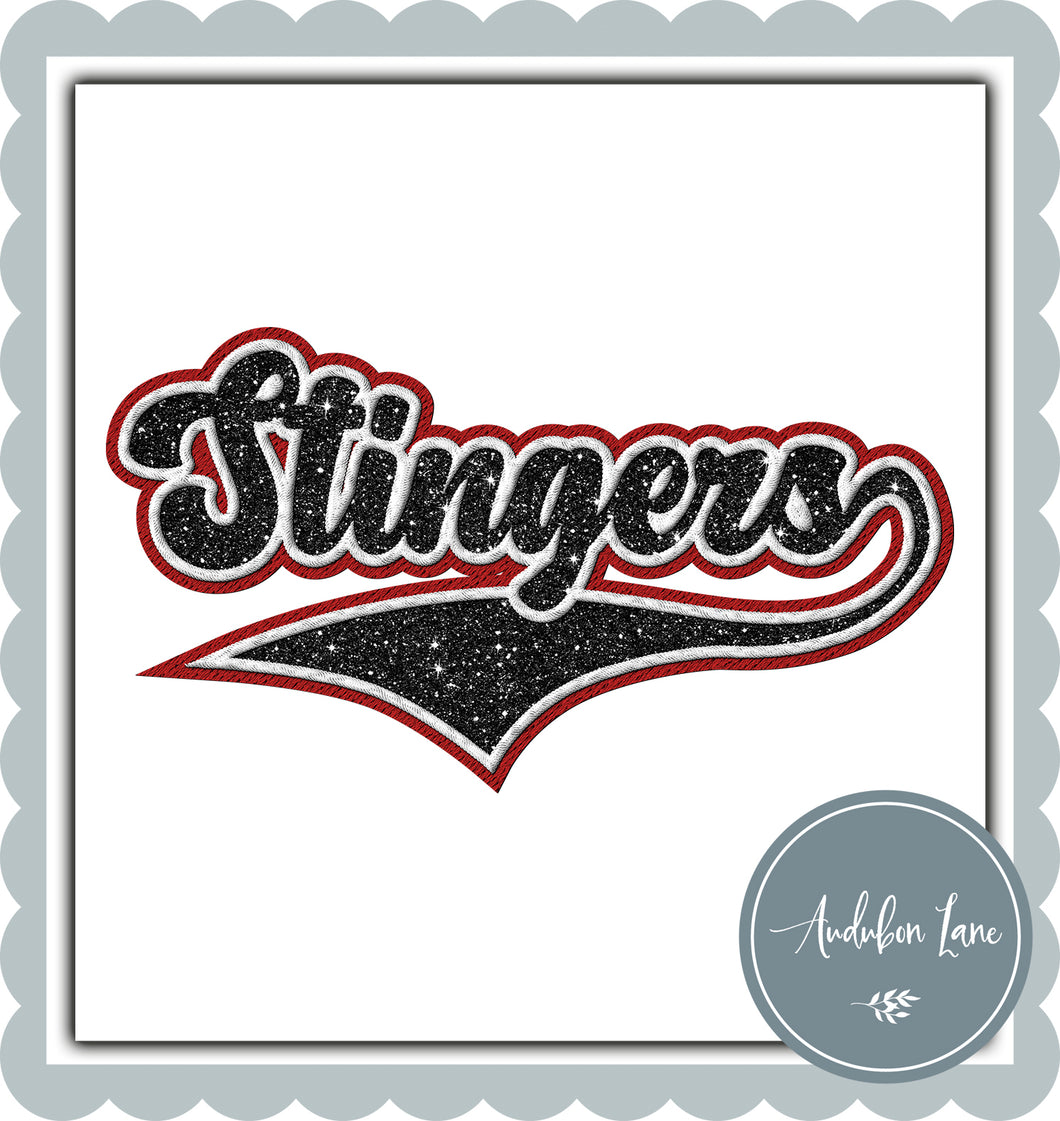 Stingers Faux Black Glitter and White and Red Embroidery