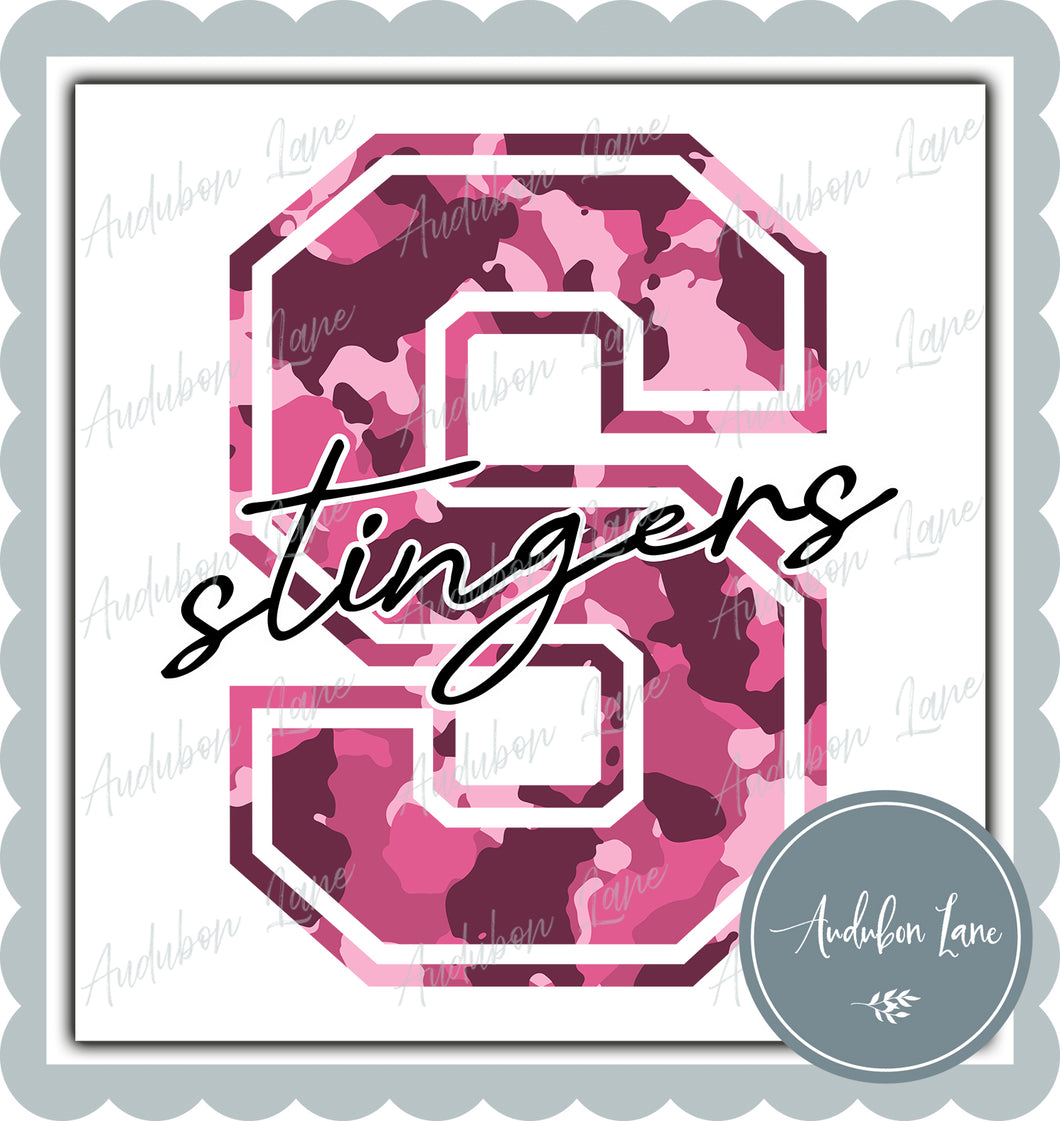 Stingers Breast Cancer Awareness Pink Camo Mascot Letter Ready to Press DTF Transfer Customs Available On Request