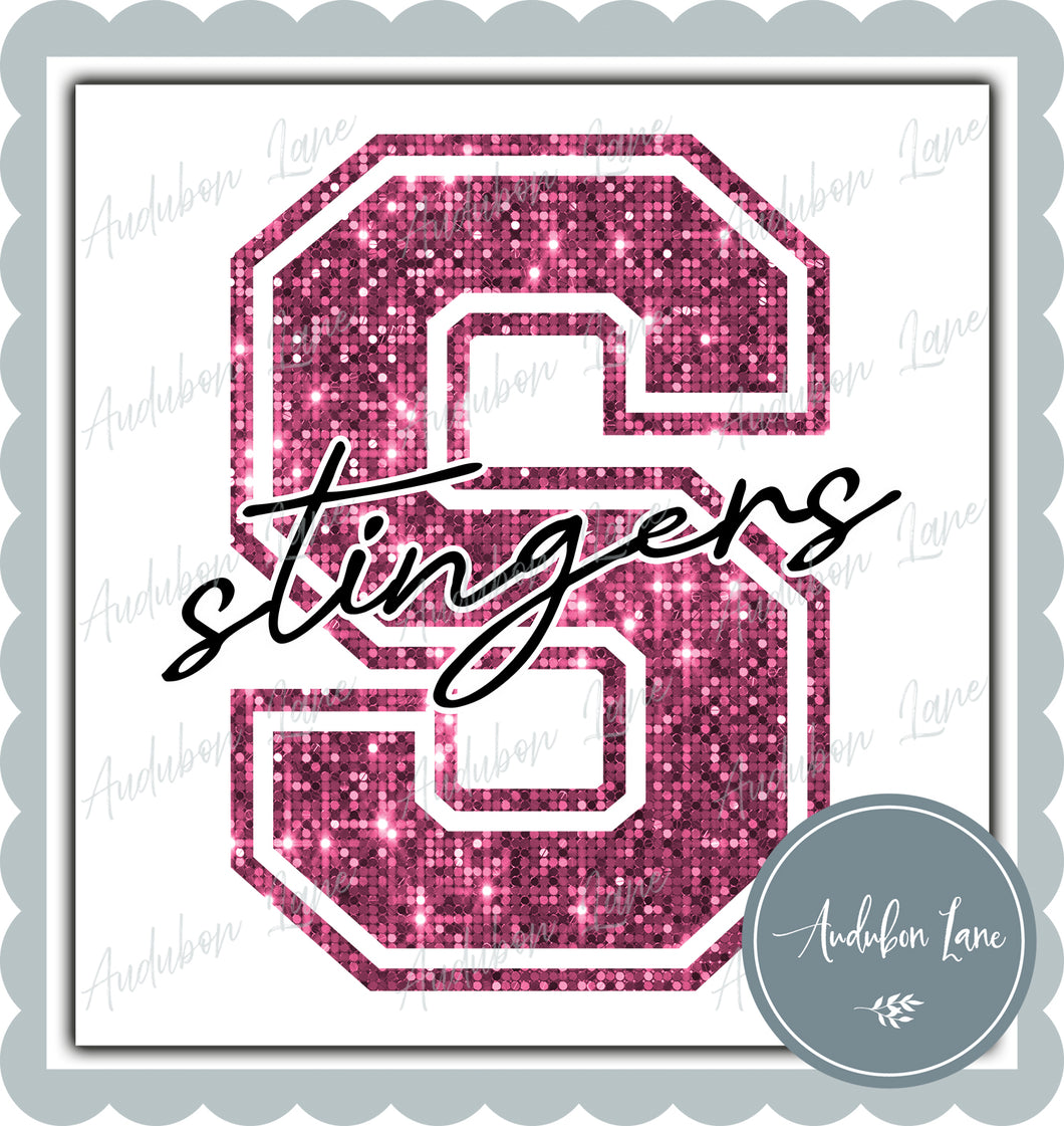 Stingers Breast Cancer Awareness Faux Pink Sequin Mascot Letter Ready to Press DTF Transfer Customs Available On Request