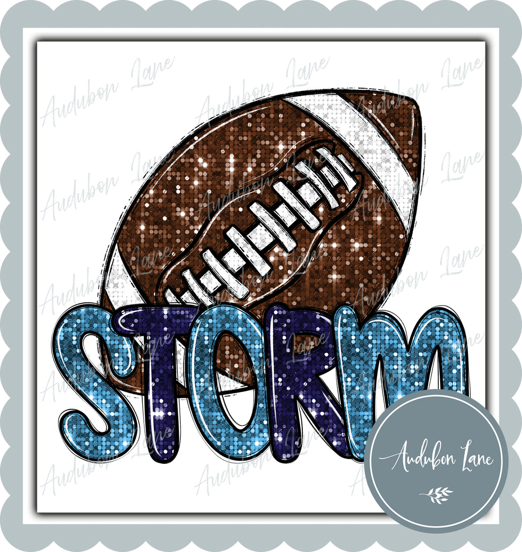 Storm Navy and Columbia Blue Faux Sequin Football with Mascot Print Ready To Press DTF Transfer Custom Colors Available On Request