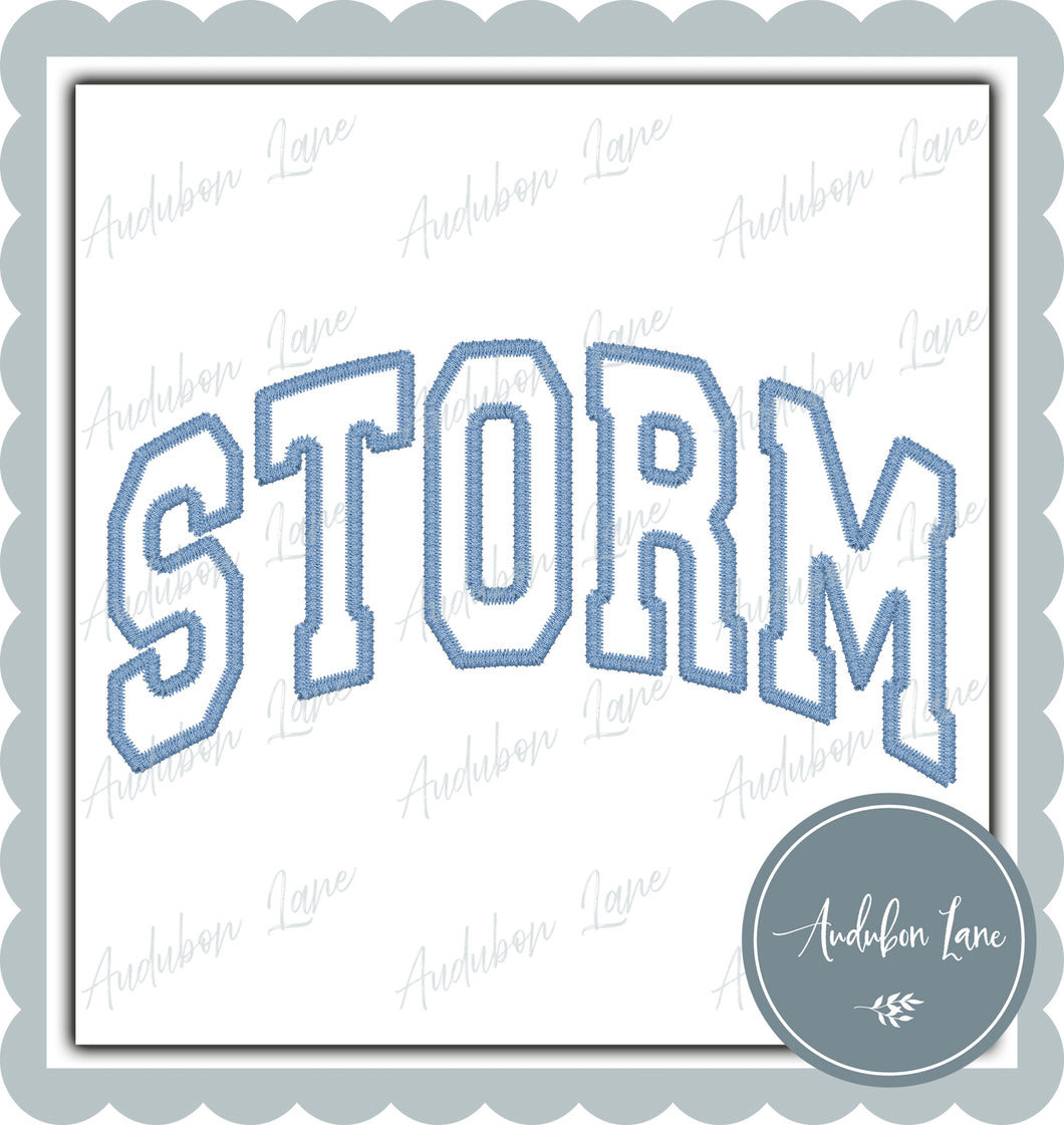 Storm Faux Lt Blue Arched Embroidery Ready To Press DTF Transfer Custom Colors Available On Request