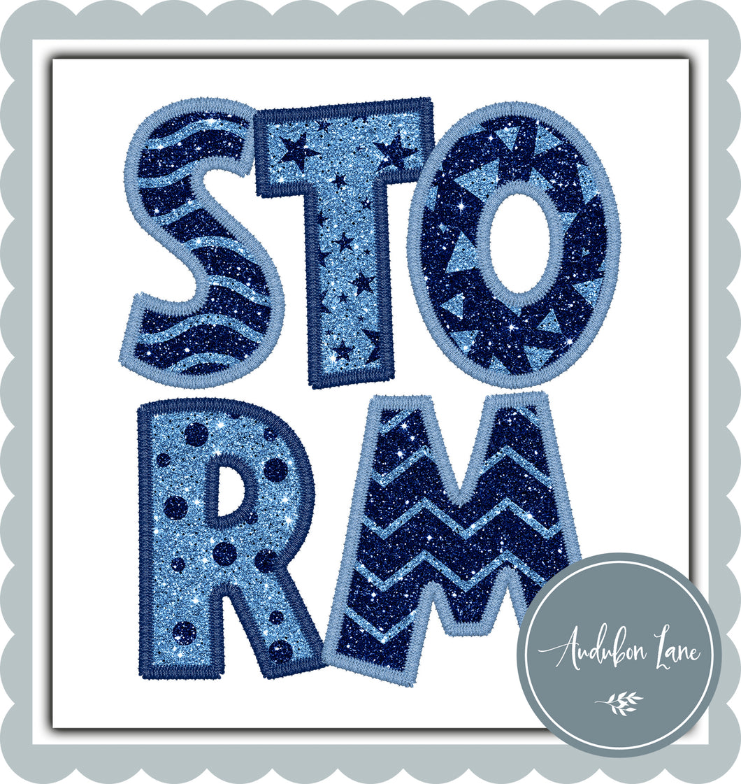 Storm Stacked Faux Glitter and Embroidery Lt Blue and Navy